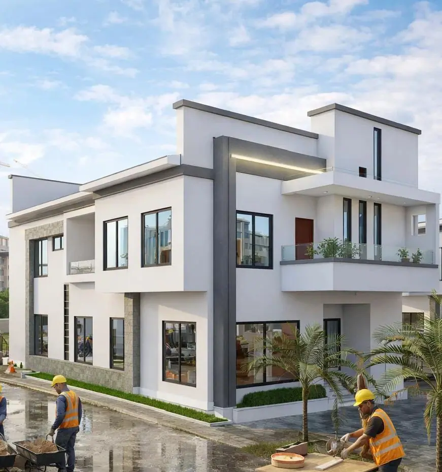 Rendering of a Three of Us duplex corner with construction workers in hard hats and hi-vis vests finishing the forecourt
