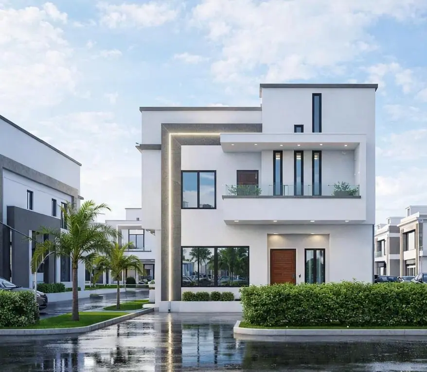 Rendering of a duplex front elevation framed by a dark vertical fin, with palms and clipped hedges